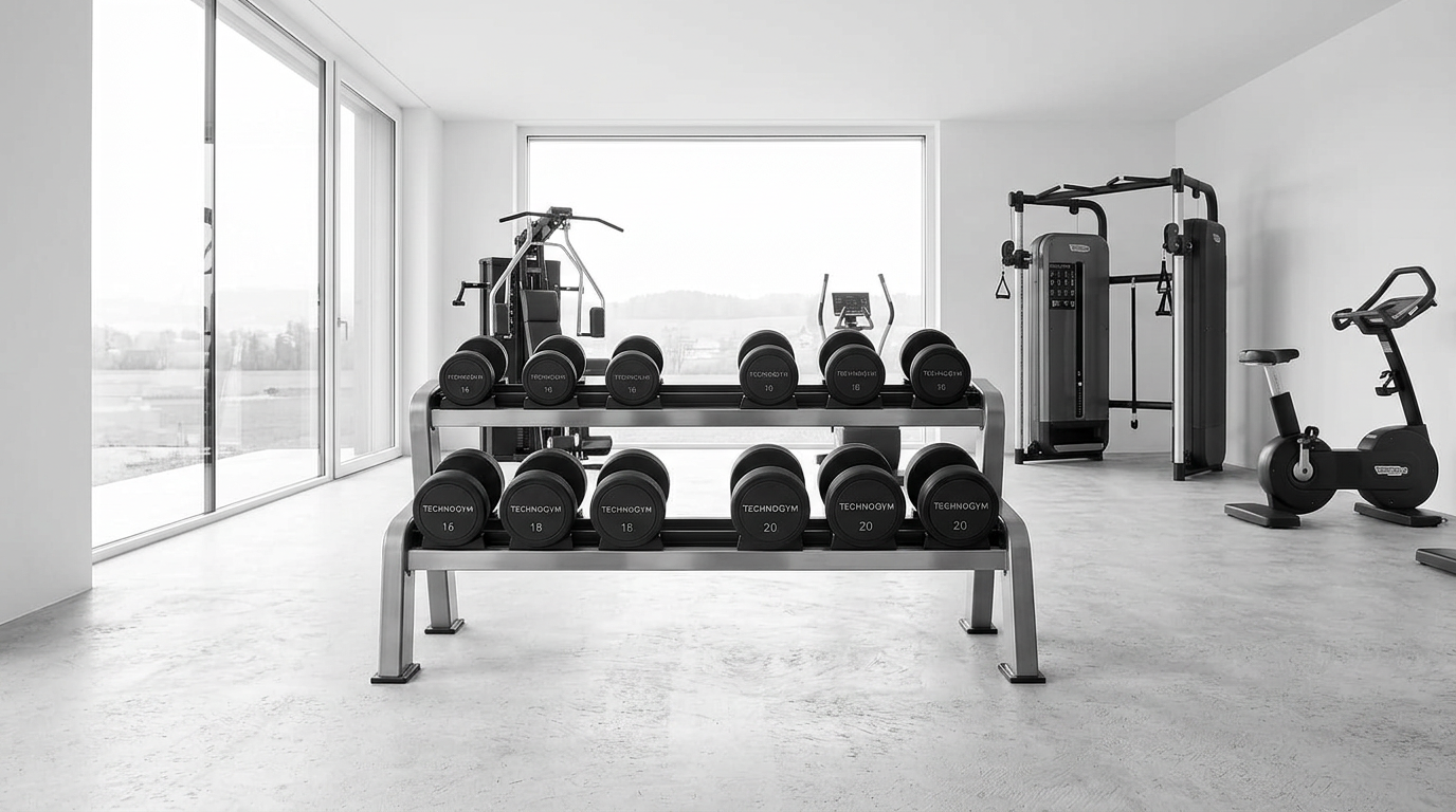 Illustration d’une salle de sport premium équipée d’haltères Technogym